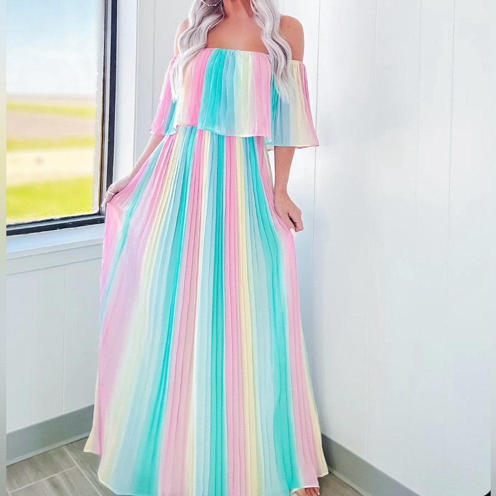 NWT Spring Soiree Pleated Off Shoulder
Maxi Dress - Multi Color